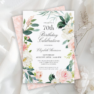 Invitation Fête d'anniversaire 70 ans Floral Rose Pâle Fémini