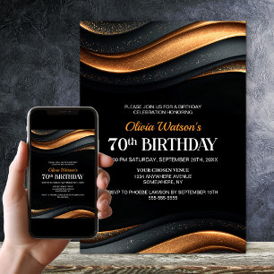 Invitation Fête d'anniversaire 70 ans moderne noir et orange