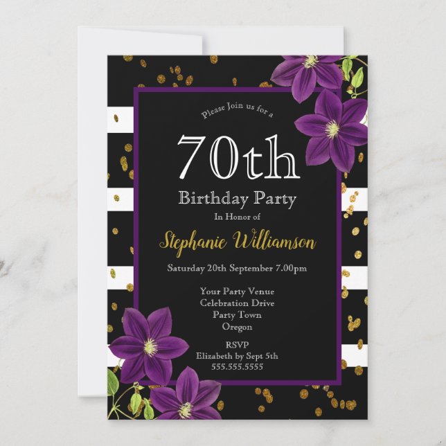 Invitation Fête d'anniversaire 70 ans| Paillettes noires et d (Devant)