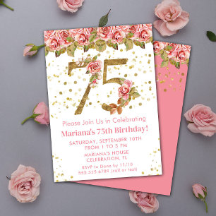 Invitation Fête d'anniversaire 75 ans Floral Rose Pailleté Or