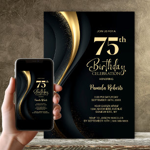 Invitation Fête d'anniversaire 75 ans noir et or