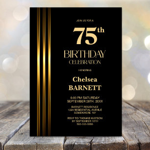 Invitation Fête d'anniversaire 75 ans Noir et rayures dorées