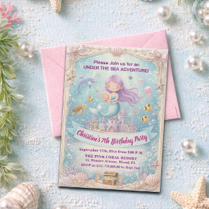 Invitation Fête d'anniversaire 7 ans de la Sirène Violet sous