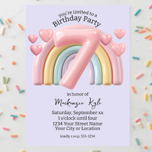 Invitation Fête d'anniversaire 7 ans fille arc-en-ciel 3D Vio