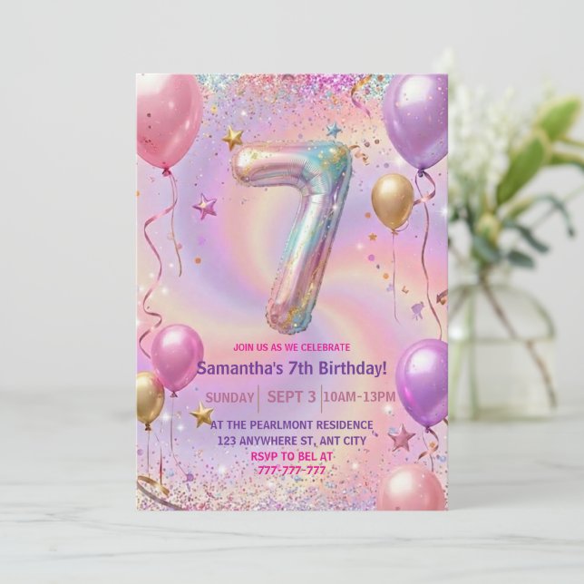 Invitation Fête d'anniversaire 7 ans Paillettes Étincelle Arc (Debout devant)