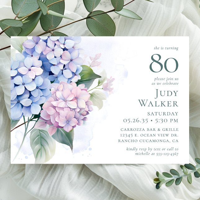 Invitation Fête d'anniversaire 80 ans aux Hortensias Bleus Ro (Créateur téléchargé)