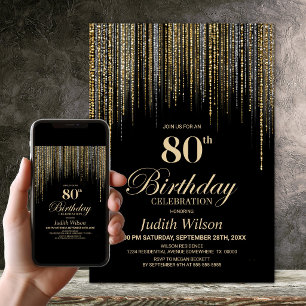 Invitation Fête d'anniversaire 80 ans Black Gold Glitter