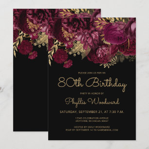 Invitation Fête d'anniversaire 80 ans Burgundy Gold Floral