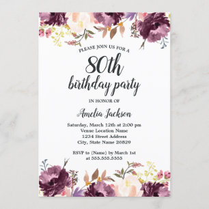 Invitation Fête d'anniversaire 80 ans Fleur violette aquarell