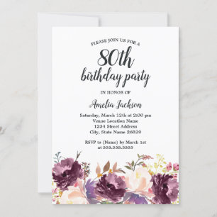 Invitation Fête d'anniversaire 80 ans Fleurie Aquarelle Viole