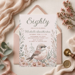 Invitation Fête d'anniversaire 80 ans oiseau neutre brun vert
