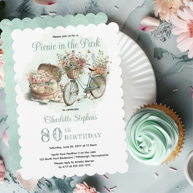 Invitation Fête d'anniversaire 80 ans Picnic in the Park Flor (Mint Green Floral Bicycle and Picnic Basket "Picnic in the Park" 80th Birthday Party Invitation)