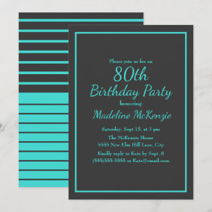Invitation Fête d'anniversaire 80 ans rayée de turquoise noir