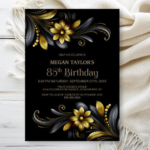 Invitation Fête d'anniversaire 85 ans Black Gold Floral