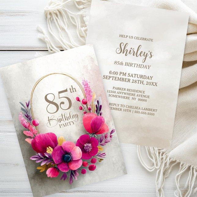 Invitation Fête d'anniversaire 85 ans Fleurs roses (Créateur téléchargé)