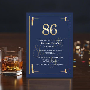 Invitation Fête d'anniversaire 86 ans Elegant Blue Gold