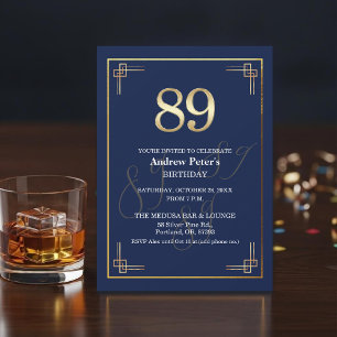 Invitation Fête d'anniversaire 89 ans Elegant Blue Gold