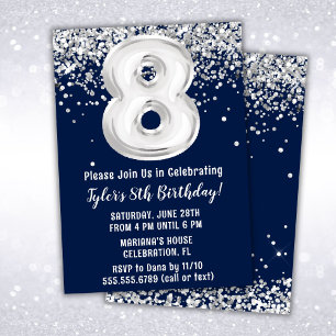 Invitation Fête d'anniversaire 8 ans Bleu Marine Argent