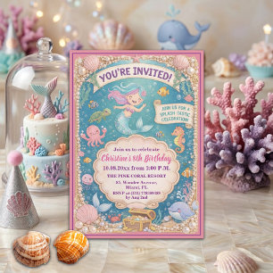 Invitation Fête d'anniversaire 8 ans de sirène amusante sous