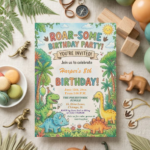 Invitation Fête d'anniversaire 8 ans Dinosaures Aquarelle Jun