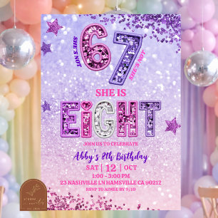 Invitation Fête d'anniversaire 8 ans fille Paillettes Rose Vi