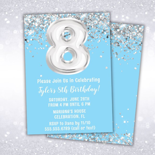 Invitation Fête d'anniversaire 8 ans Light Blue Silver (Créateur téléchargé)