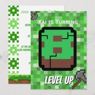 Invitation Fête d'anniversaire 8 ans Pixelated Gamer Green Le