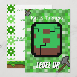 Invitation Fête d'anniversaire 8 ans Pixelated Gamer Green Le