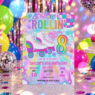 Invitation Fête d'anniversaire 8 ans Roller Skating Neon Glow
