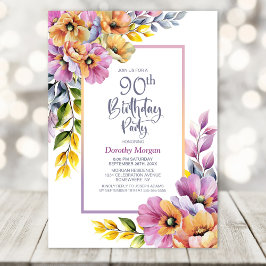 Invitation Fête d'anniversaire 90 ans aux fleurs roses et ora