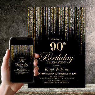 Invitation Fête d'anniversaire 90 ans Black Gold Glitter