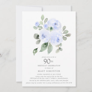 Invitation Fête d'anniversaire 90 ans Blue Floral Eucalyptus
