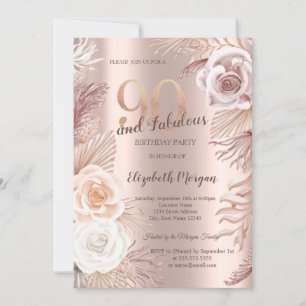 Invitation Fête d'anniversaire 90 ans Boho Fleurs Rose Gold