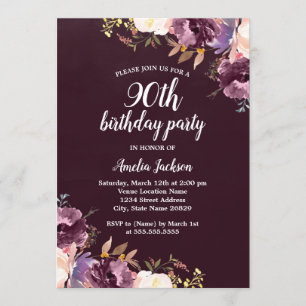 Invitation Fête d'anniversaire 90 ans Fleurs violettes Aquare