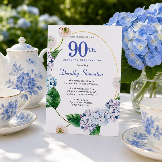 Invitation Fête d'anniversaire 90 ans Hydrangea Rose  (Créateur téléchargé)