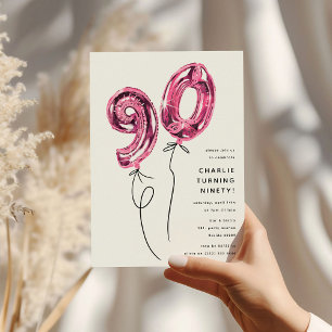 Invitation Fête d'anniversaire 90 ans Minimal Rose 90 Ballon
