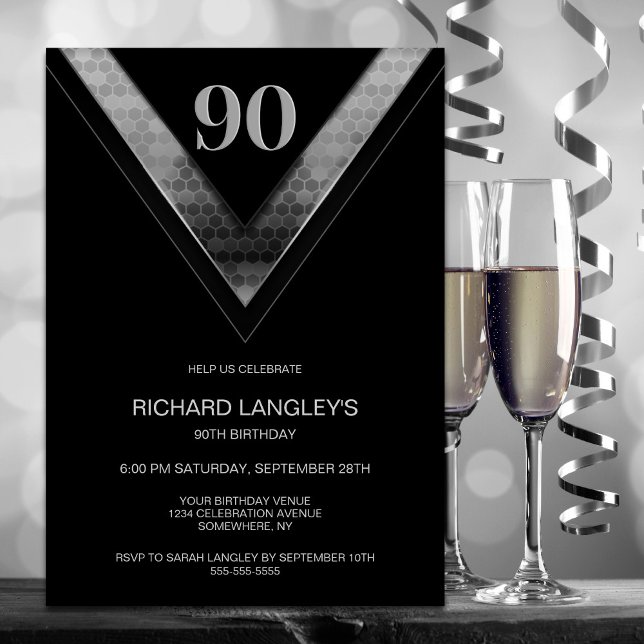 Invitation Fête d'anniversaire 90 ans moderne noir et argent (Créateur téléchargé)