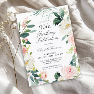 Invitation Fête d'anniversaire 90 ans Rose Fleur Féminine