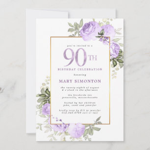 Invitation Fête d'anniversaire 90 ans Rose Or Fleur Violet