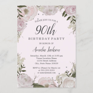 Invitation Fête d'anniversaire 90 ans Sparkle Rose Floral