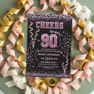 Invitation Fête d'anniversaire 90 ans Strass Rose Pailleté
