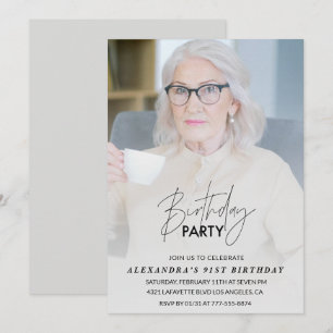 Invitation Fête d'anniversaire 91 ans Photo grise élégante