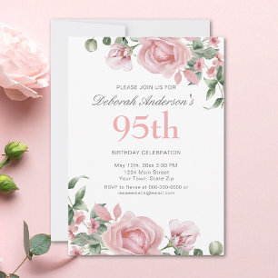 Invitation Fête d'anniversaire 95 ans à l'aquarelle Rose PInk