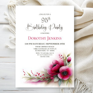 Invitation Fête d'anniversaire 95 ans Fleurs Rose Vibrant