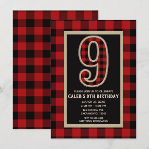 Invitation Fête d'anniversaire 9 ans à carreaux Buffalo rouge