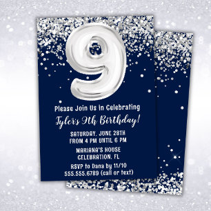 Invitation Fête d'anniversaire 9 ans Bleu Marine Argent