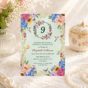 Invitation Fête d'anniversaire 9 ans Royal Gold Floral Hummin