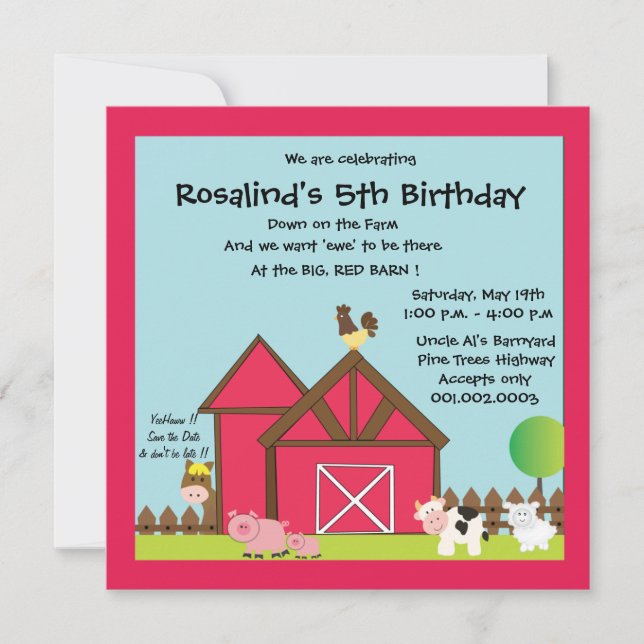 Invitation Fête d'anniversaire à Barnyard / Animaux de ferme (Devant)