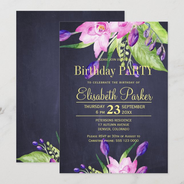 Invitation Fête d'anniversaire à fleurs chic et pourpre (Devant / Derrière)