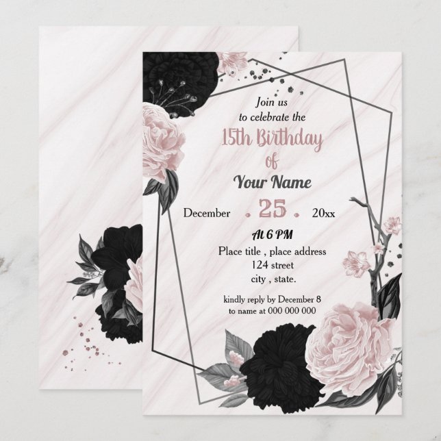 Invitation Fête d'anniversaire à fleurs roses noires et douce (Devant / Derrière)
